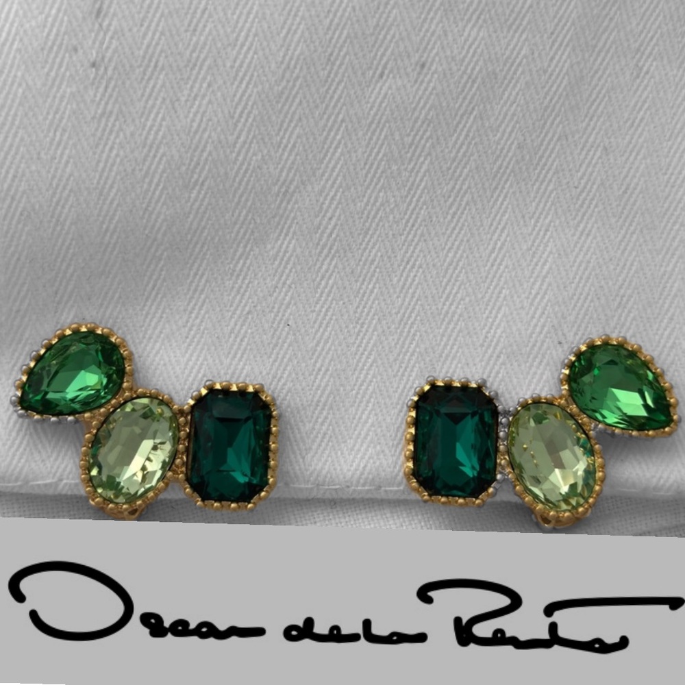 OSCAR de La Renta • Emerald-Cut Scramble Ear Cuffs Clip On Earrings . Greens - Picture 6 of 7